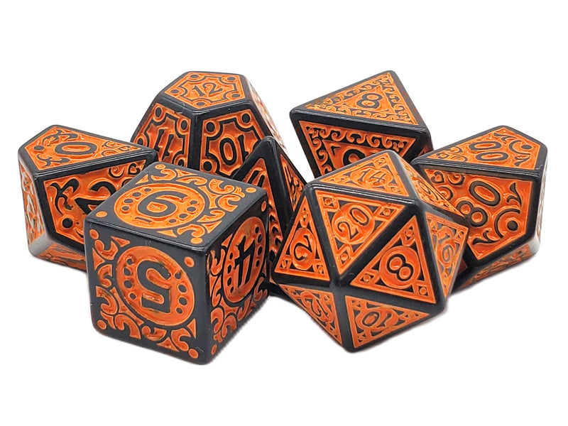 Old School 7 Piece D&D RPG Dice Set Rune Dice - Magical Runes - Orange