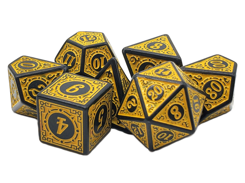 Old School 7 Piece D&D RPG Dice Set Rune Dice - Magical Runes - Yellow