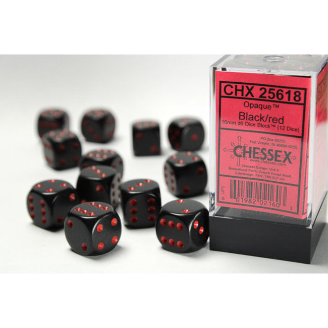 Opaque D6 16mm Dice Black/red (12)