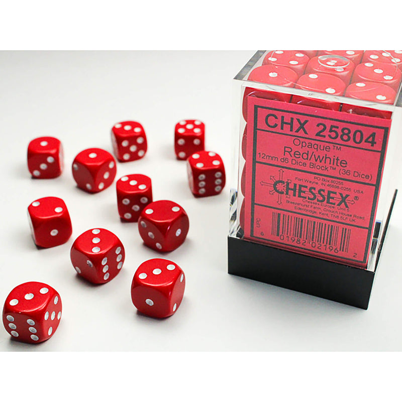 Opaque 12mm d6 Red with White Dice Block (36 dice)