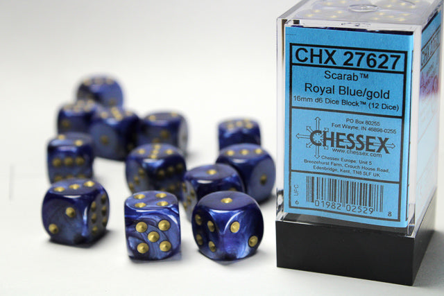 Scarab 16mm D6 Royal Blue/Gold Dice Block (12)