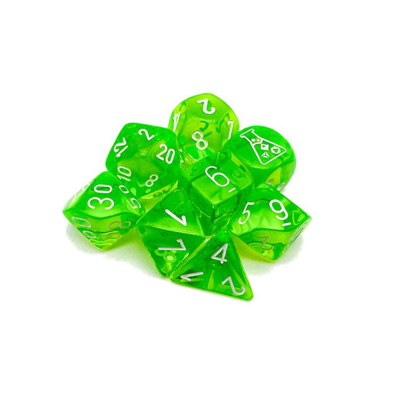 Lab Dice 7: Translucent Polyhedral Rad Green/white 7-Die Set (with bonus die)