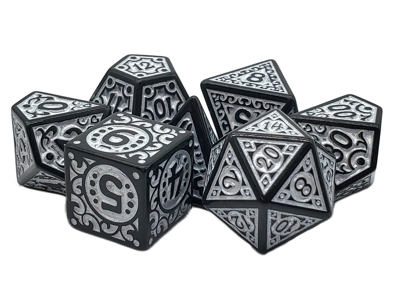 Old School 7 Piece D&D RPG Dice Set Rune Dice - Magical Runes - Silver