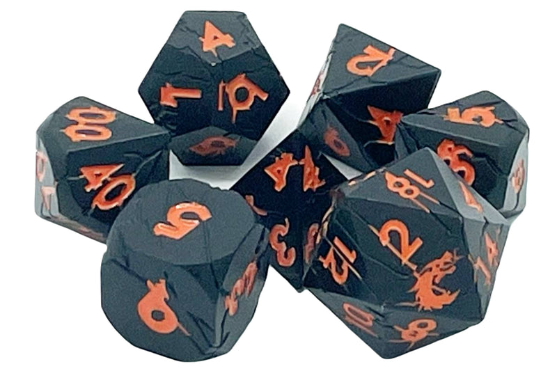 Old School 7 Piece D&D RPG Metal Dice Set Orc Forged - Matte Black with Orange