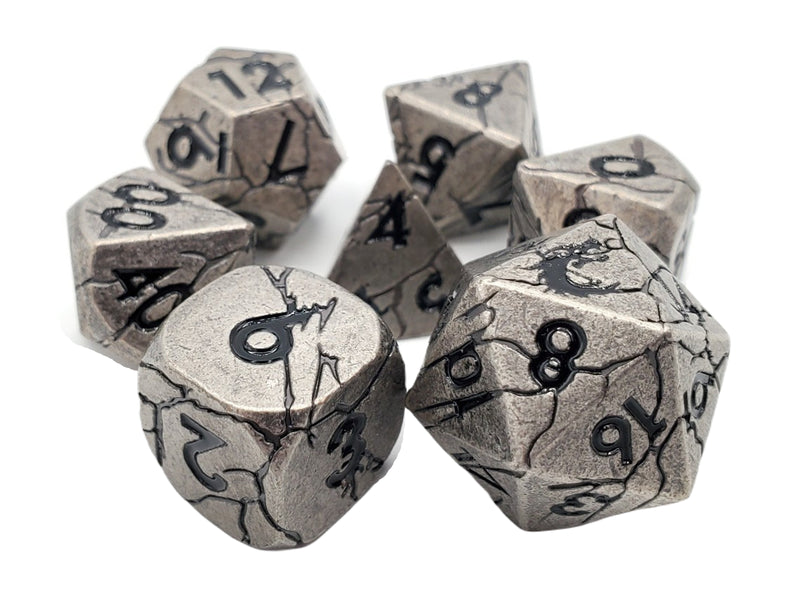 Old School 7 Piece D&D RPG Metal Dice Set Orc Forged - Ancient Silver with Black