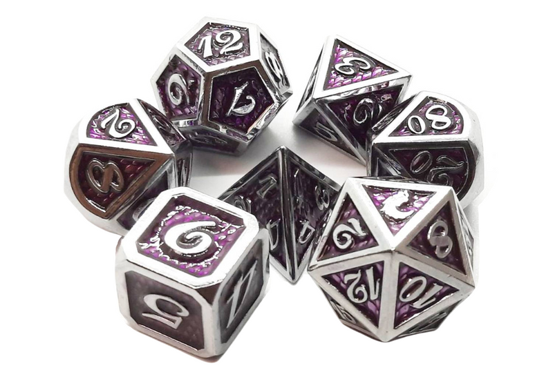 Old School 7 Piece D&D RPG Metal Dice Set: Dragon Scale - Purple