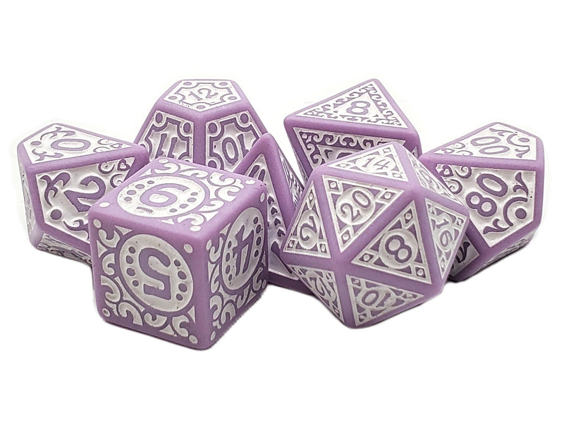 Old School 7 Piece D&D RPG Dice Set Rune Dice - Magical Runes - White with Lavender