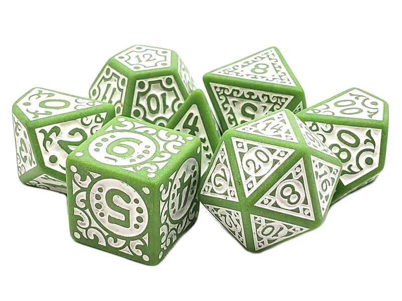 Old School 7 Piece D&D RPG Dice Set Rune Dice - Magical Runes - White with Lime