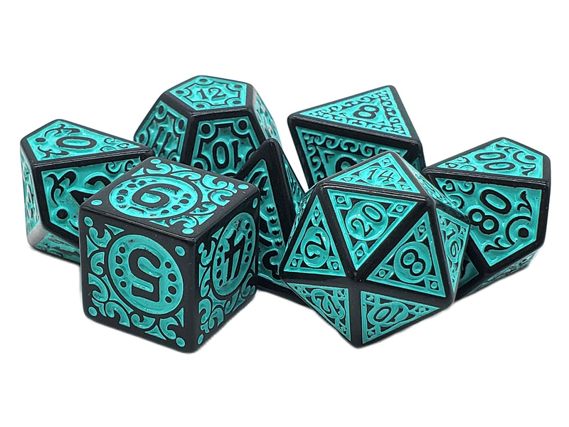 Old School 7 Piece D&D RPG Dice Set Rune Dice - Magical Runes - Teal