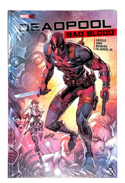 Comic book cover of Deadpool with a stylized background