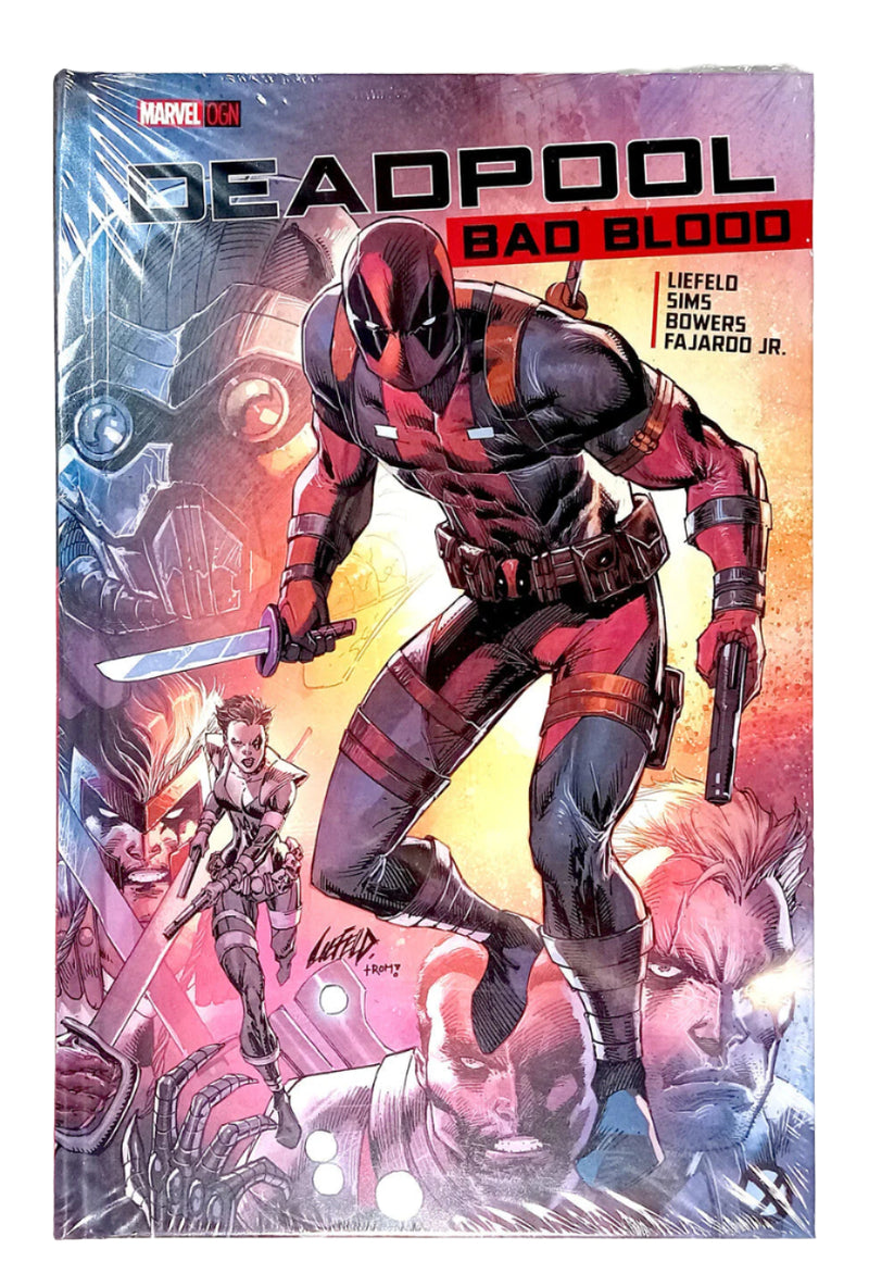 Comic book cover of Deadpool with a stylized background