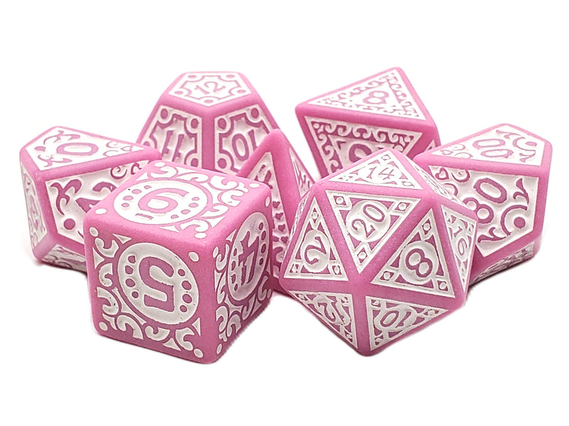 Old School 7 Piece D&D RPG Dice Set Rune Dice - Magical Runes - White with Pink