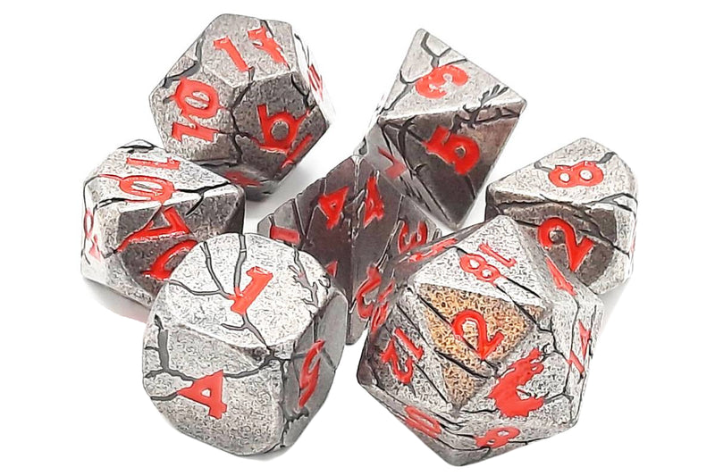 Old School 7 Piece D&D RPG Metal Dice Set Orc Forged - Ancient Silver with Red