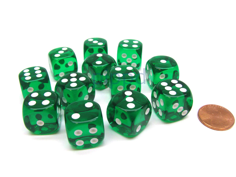 12 Count 16mm D6 Translucent Green White Dice Set