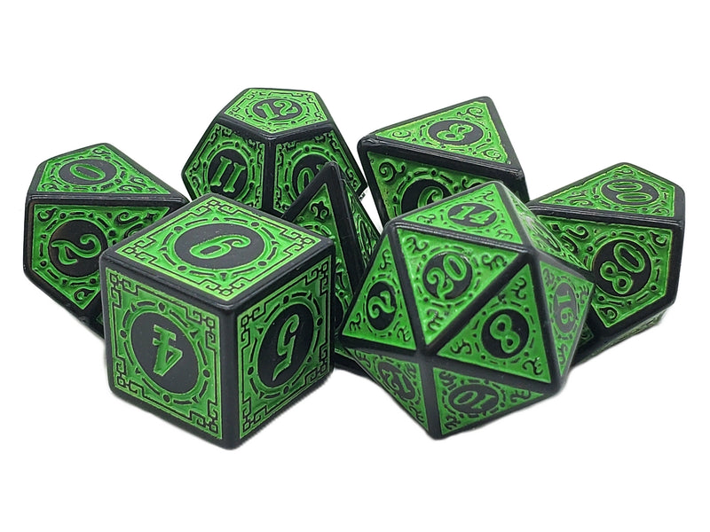 Old School 7 Piece D&D RPG Dice Set Rune Dice - Magical Runes - Green