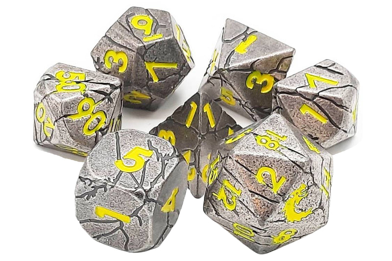 Old School 7 Piece D&D RPG Metal Dice Set Orc Forged - Ancient Silver with Yellow