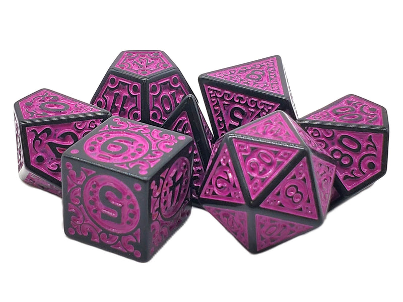 Old School 7 Piece D&D RPG Dice Set Rune Dice - Magical Runes - Purple