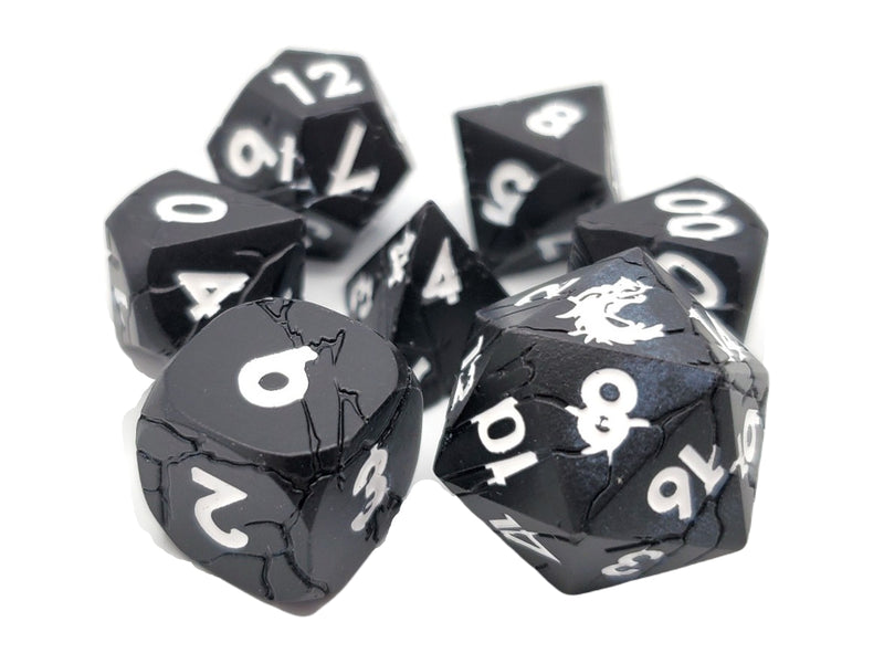 Old School 7 Piece D&D RPG Metal Dice Set Orc Forged - Matte Black with White