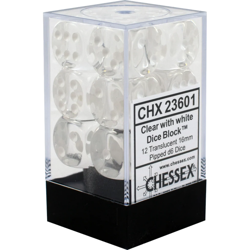 Translucent Clear w/White 16mm D6 Set (12)