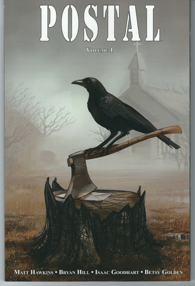 Book cover of 'Postal' with a crow on an axe and a misty landscape.