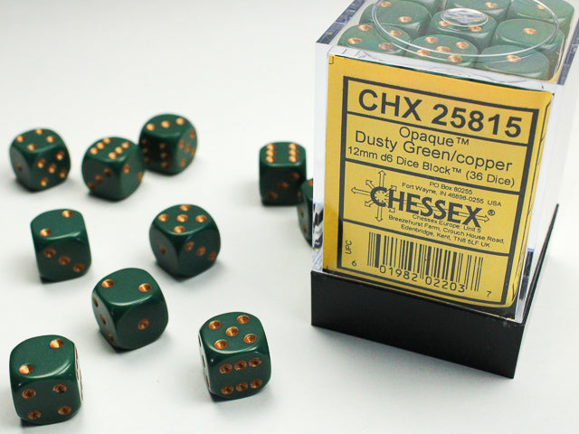 Opaque 12mm D6 Dusty Green/Copper Dice Block (36)