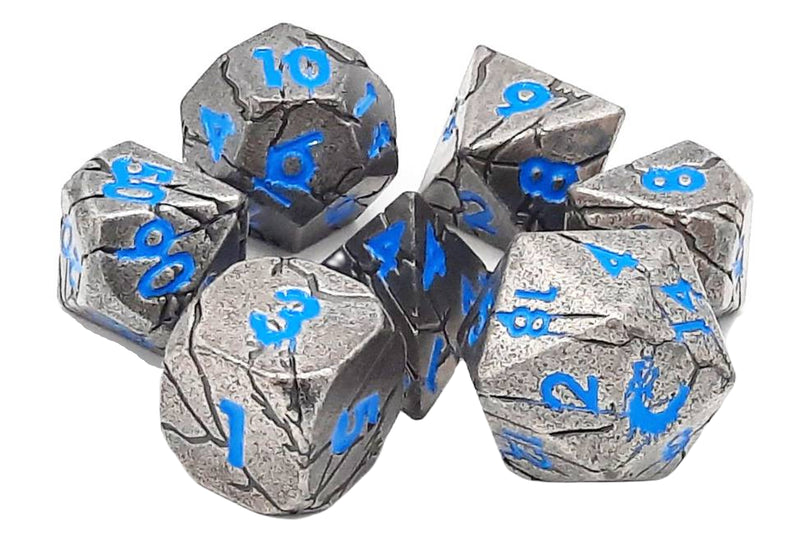 Old School 7 Piece D&D RPG Metal Dice Set Orc Forged - Ancient Silver with Blue