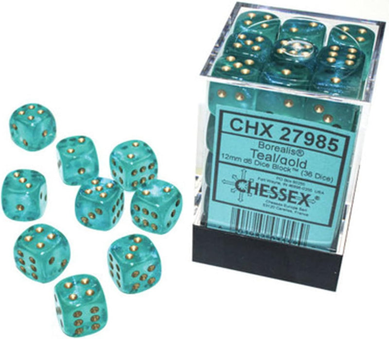 Borealis 12mm d6 Teal/Gold Luminary Dice Block (36 dice)