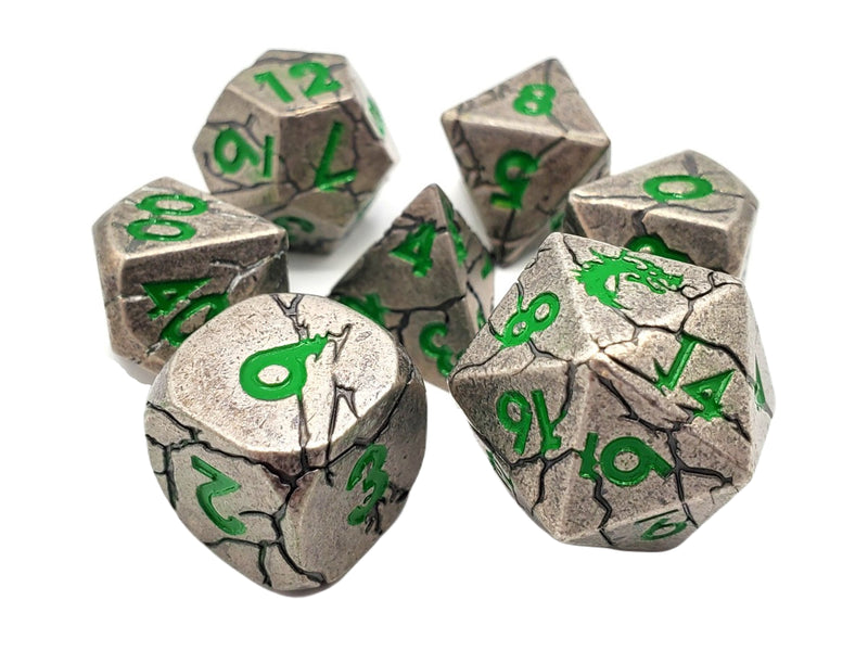 Old School 7 Piece D&D RPG Metal Dice Set Orc Forged - Ancient Silver with Green