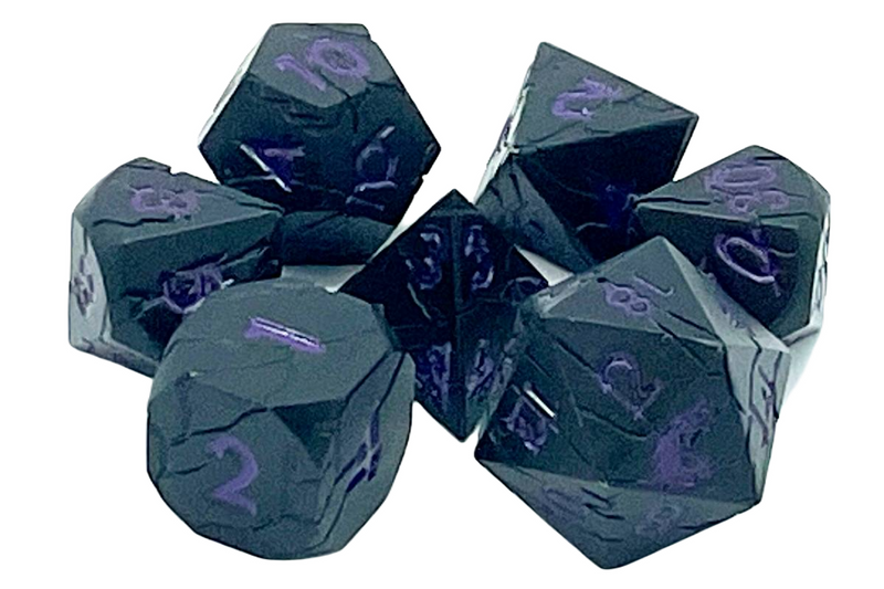 Old School 7 Piece D&D RPG Metal Dice Set Orc Forged - Matte Black w/ Purple