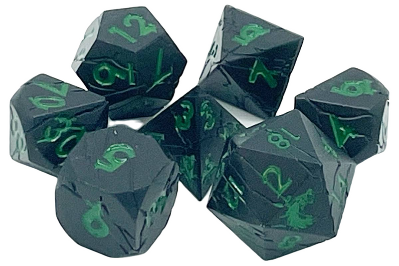 Old School 7 Piece D&D RPG Metal Dice Set: Orc Forged - Matte Black w/ Green