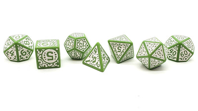 Old School 7 Piece D&D RPG Dice Set Rune Dice - Magical Runes - White with Lime