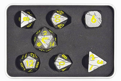 Old School 7 Piece D&D RPG Metal Dice Set Orc Forged - Ancient Silver with Yellow