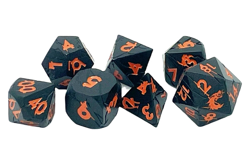 Old School 7 Piece D&D RPG Metal Dice Set Orc Forged - Matte Black with Orange