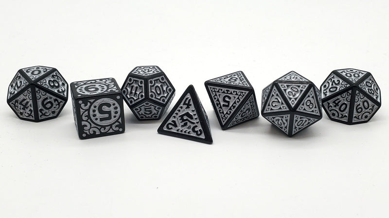 Old School 7 Piece D&D RPG Dice Set Rune Dice - Magical Runes - Silver