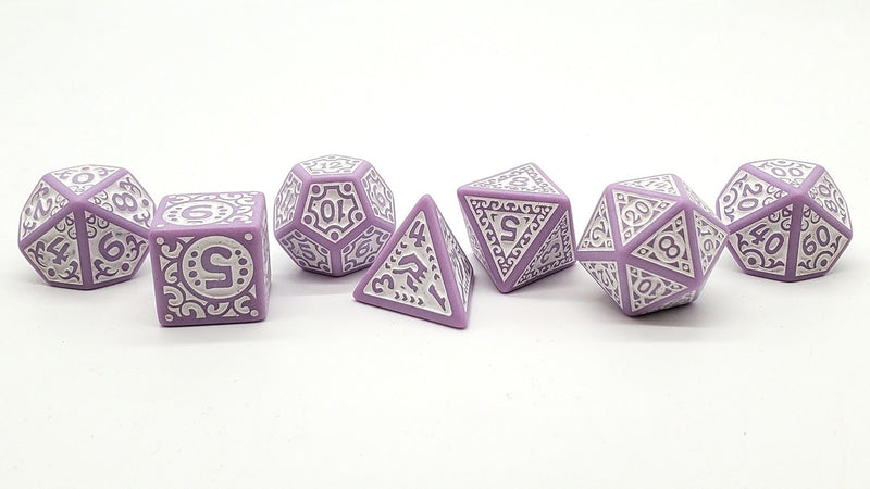 Old School 7 Piece D&D RPG Dice Set Rune Dice - Magical Runes - White with Lavender