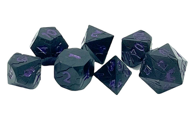 Old School 7 Piece D&D RPG Metal Dice Set Orc Forged - Matte Black w/ Purple