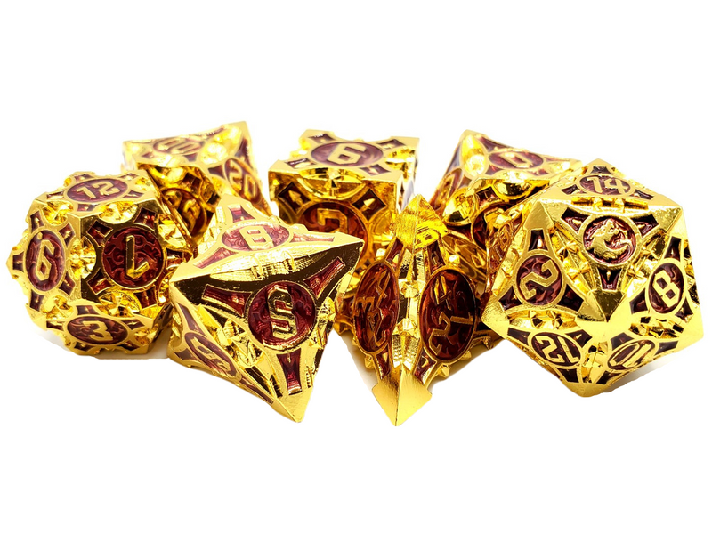 Old School 7 Piece D&D RPG Metal Dice Set Gnome Forged - Gold with Purple