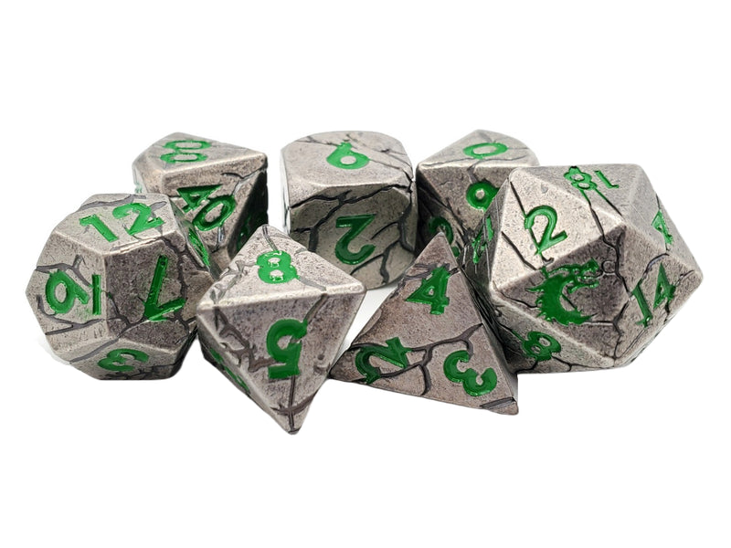 Old School 7 Piece D&D RPG Metal Dice Set Orc Forged - Ancient Silver with Green