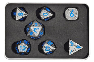 Old School 7 Piece D&D RPG Metal Dice Set Orc Forged - Ancient Silver with Blue