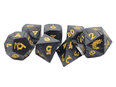 Old School 7 Piece D&D RPG Metal Dice Set Orc Forged - Matte Black with Gold