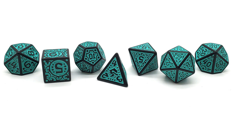 Old School 7 Piece D&D RPG Dice Set Rune Dice - Magical Runes - Teal