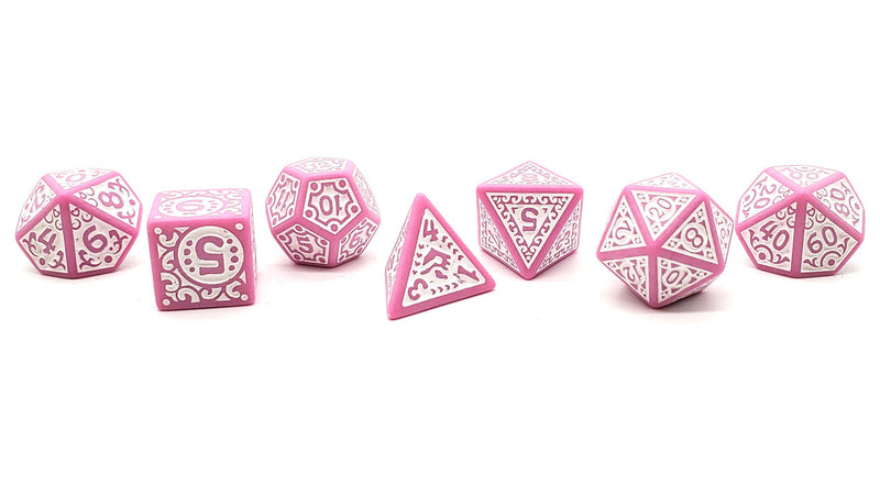 Old School 7 Piece D&D RPG Dice Set Rune Dice - Magical Runes - White with Pink