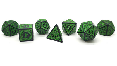 Old School 7 Piece D&D RPG Dice Set Rune Dice - Magical Runes - Green