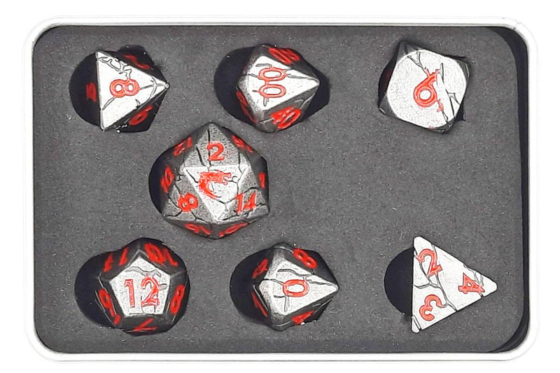 Old School 7 Piece D&D RPG Metal Dice Set Orc Forged - Ancient Silver with Red