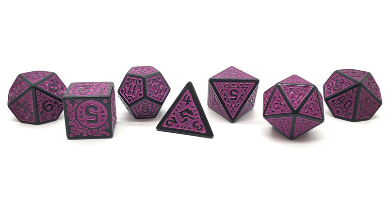 Old School 7 Piece D&D RPG Dice Set Rune Dice - Magical Runes - Purple