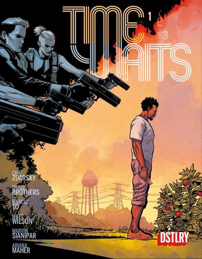 Cover of 'Time Waits #1' featuring a group of men with guns in a dramatic setting, with a man in the foreground looking off to the side. The title and author's name are displayed prominently.