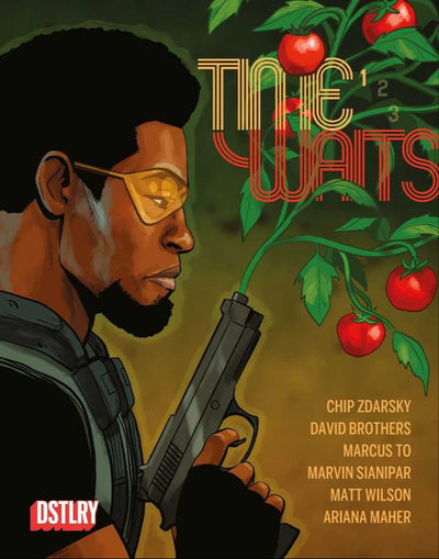 Cover of 'The Time Waits #1' featuring a character with a gun, surrounded by a green backdrop with fruit trees. The cover has text detailing the title, issue number, and creator names.