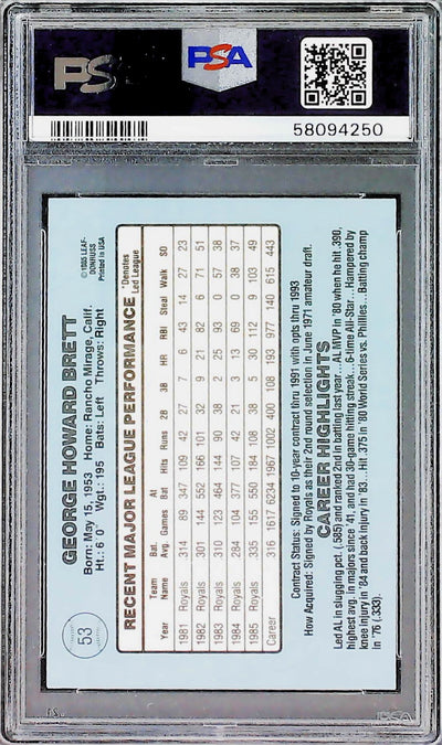 1986 Donruss #53 George Brett PSA 9