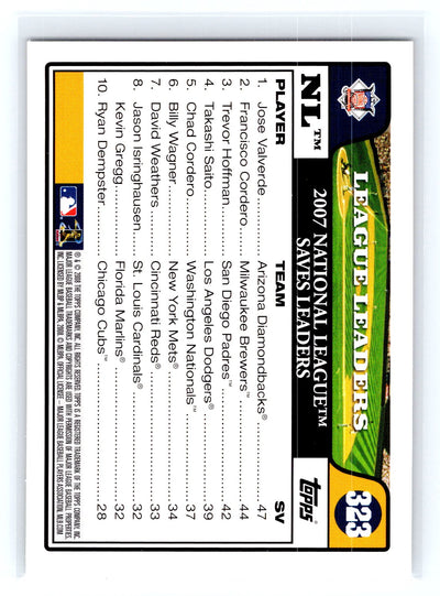 2008 Topps #323 NL Leaders: Saves (Jose Valverde / Francisco Cordero / Trevor Hoffman)