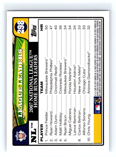 2008 Topps #298 NL Leaders: Home Runs (Prince Fielder / Ryan Howard / Adam Dunn)